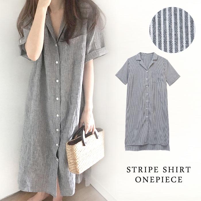 ワンピース レディース 春 夏 春夏 シャツワンピース ストライプ柄 半袖 ロングシャツ スキッパー ブラウス 大人 代 30代 40代 ママ 母 Ol 送料無料 Y6057 Koei Store 通販 Yahoo ショッピング