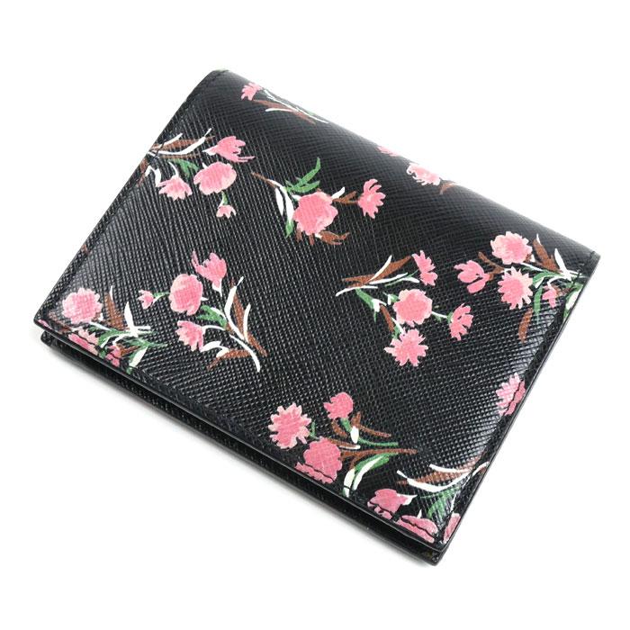 PRADA（プラダ） サフィアーノ フラワーブーケ 二つ折り財布 ブラック