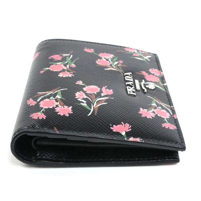 PRADA ブラック 二つ折り財布　ブラック×ピンク PRADA（プラダ） サフィアーノ フラワーブーケ 二つ折り財布 ブラック