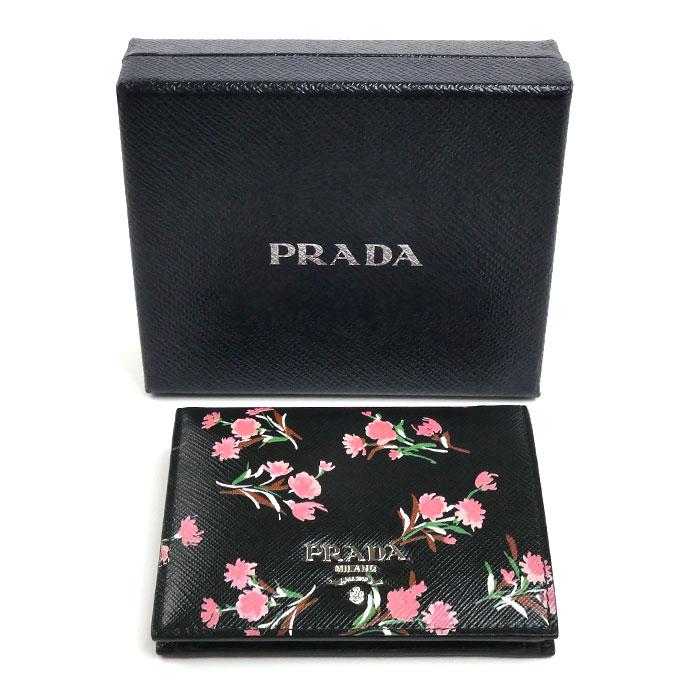 PRADA（プラダ） サフィアーノ フラワーブーケ 二つ折り財布 ブラック