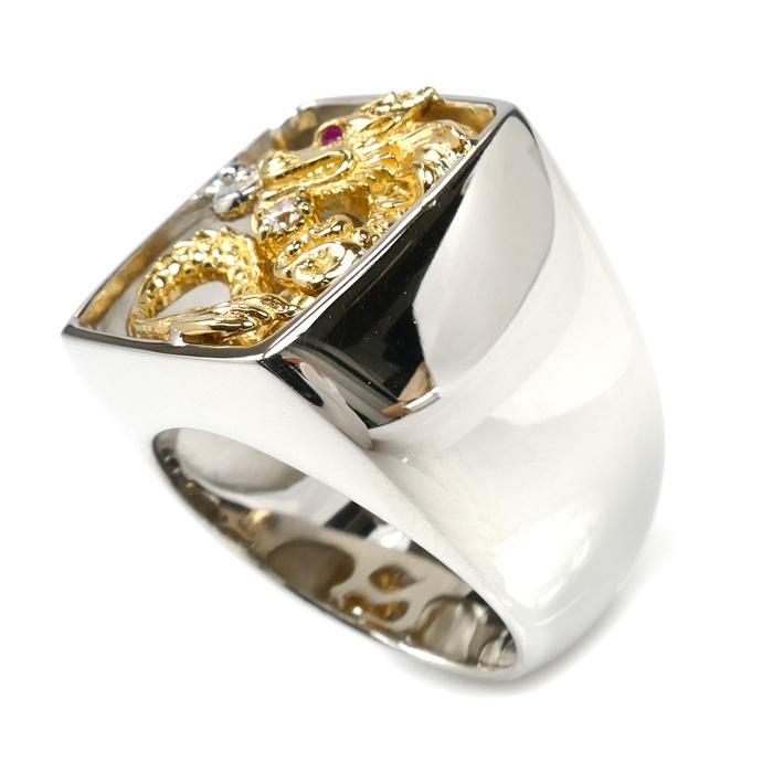 Pt950/K18 龍 ドラゴン リング・指輪 ルビー0.005ct ダイヤモンド0.08