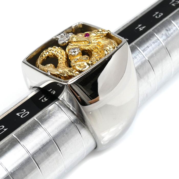 Pt950/K18 龍 ドラゴン リング・指輪 ルビー0.005ct ダイヤモンド0.08