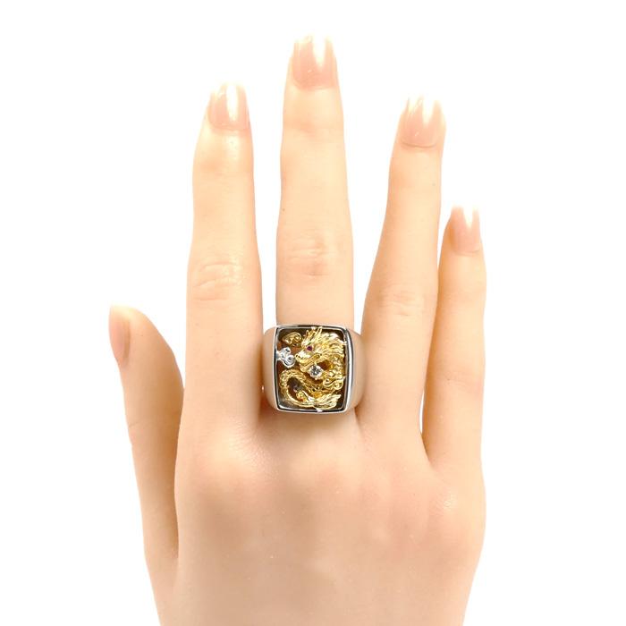 Pt950/K18 龍 ドラゴン リング・指輪 ルビー0.005ct ダイヤモンド0.08