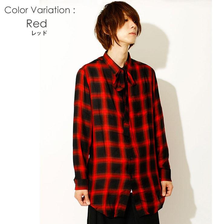 送料無料 チェックシャツ メンズ 長袖 ロング リボンタイ付き オンブレ