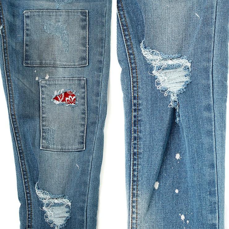 JohnUNDERCOVER リペア加工ストレッチ　デニムパンツ　インディゴ　2 JohnUNDERCOVER リペア加工ストレッチ デニムパンツ インディゴ