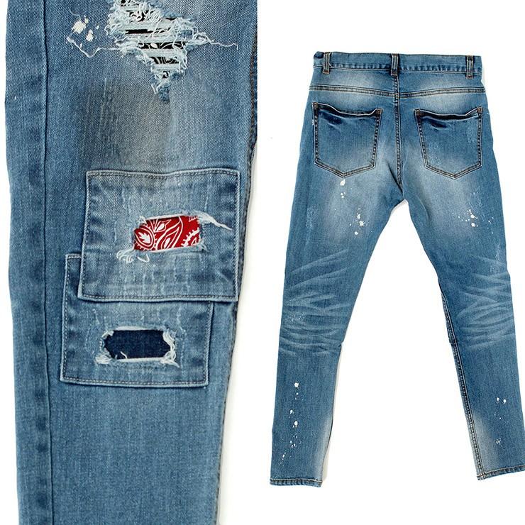 送料無料 スキニーパンツ メンズ デニム バンダナ柄 ハード ダメージ