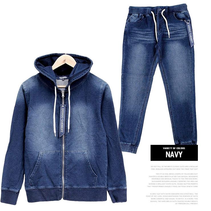 日本製　ホーンガーメント　ビンテージ加工カットデニムスウェット　セットアップ 送料無料 カットデニム セットアップ メンズ スウェット ヴィンテージ