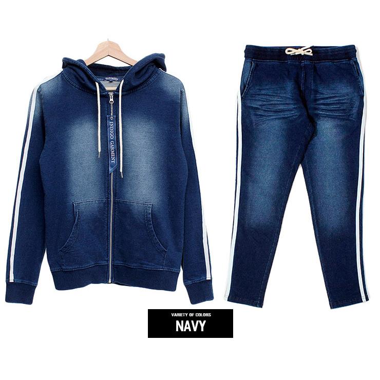 送料無料 カットデニム セットアップ メンズ サイドライン