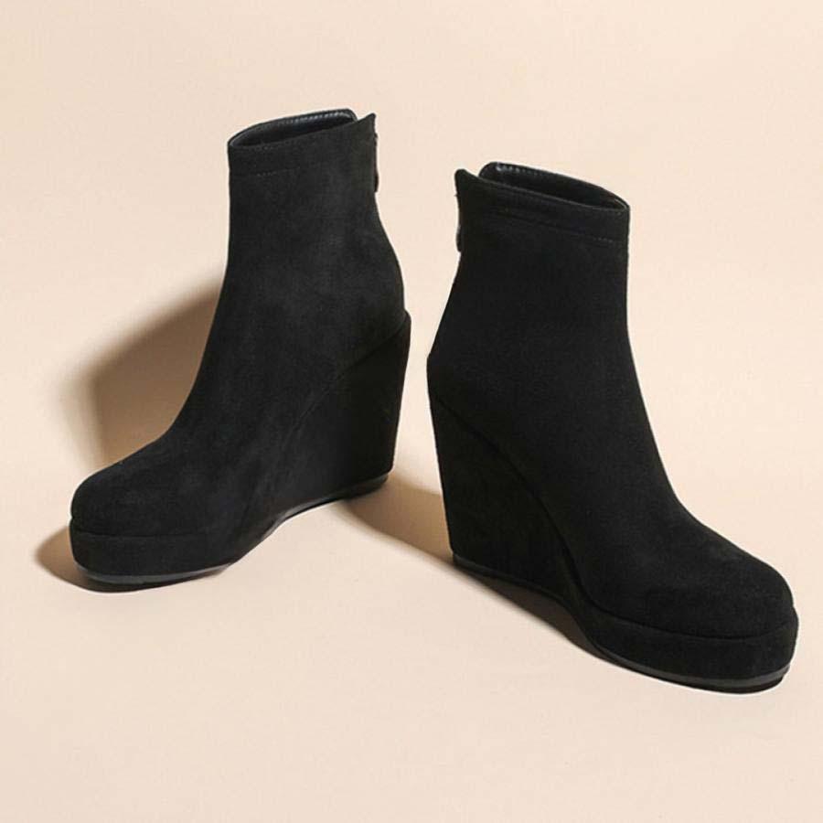 新品 24cm スクエアトゥ 厚底ウェッジソール アンクル丈ブーツ 黒 足長美脚 厚底 ウェッジソール 撥水 ストレッチブーツ 黒