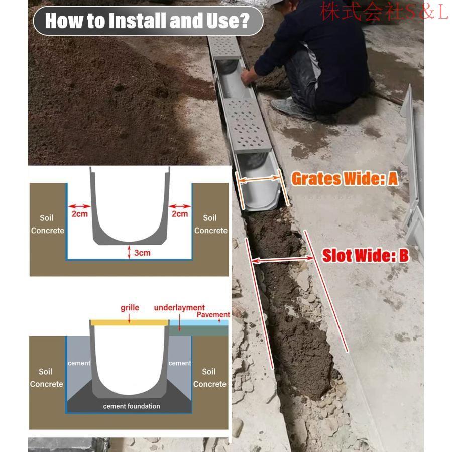 排水溝システム、 1mチャンネルドレインキット 庭のパティオの床のコンクリートの泥の雨水溝 U字型金属製格子付き株式会社S＆L ペブラスストーンの充填用 排水溝システム、 1mチャンネルドレインキット 庭のパティオの床の