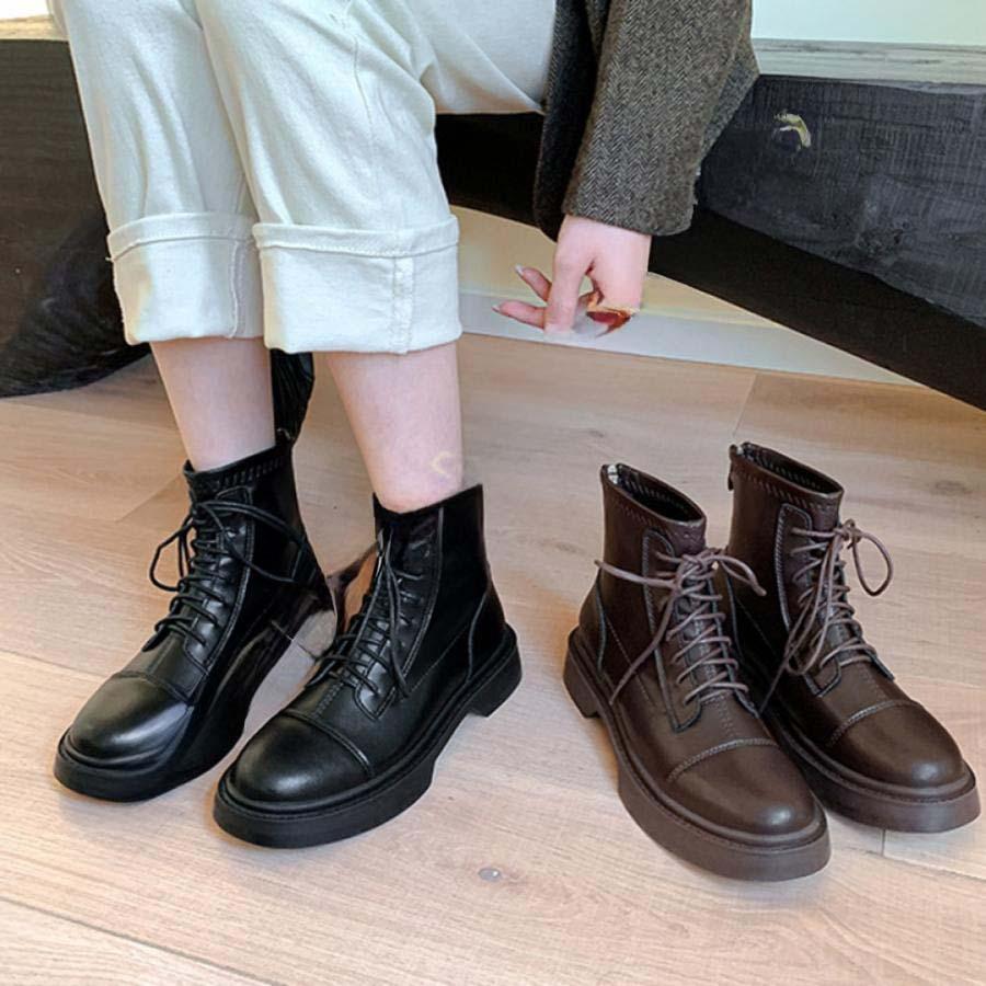 ショートブーツ レースアップブーツ 軽量 ローヒール 本革