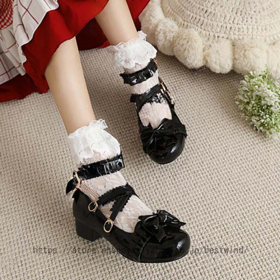 シンプル定番ロリータパンプス ロリータ靴 リボン ロリータ 靴