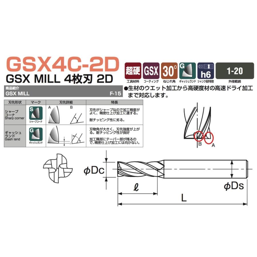 ナチ/NACHI 不二越 GSX MILL 4枚刃 1D 20mm 20 NACHi(ナチ) 超硬エンドミル GSX MILL 2枚刃 3D GSX22000C-3D 20mm