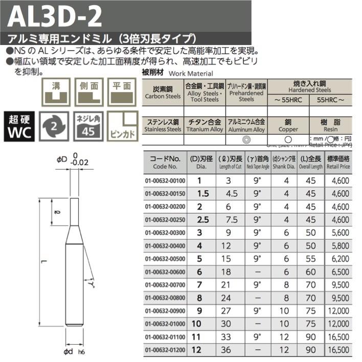 定形外可】 NS 日進工具 AL3D-2-1 アルミ専用エンドミル 3倍刃長タイプ