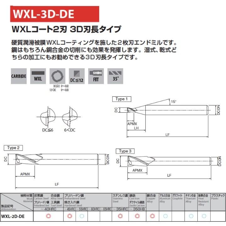 【定形外可】OSG WXL-3D-DE 0.1 WXLコート 超硬エンドミル 2刃3D刃長