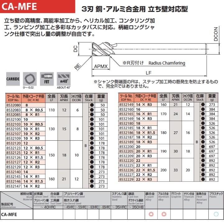 送料無料】OSG CA-MFE 12xR0.5 超硬エンドミル 3刃 銅・アルミ合金用