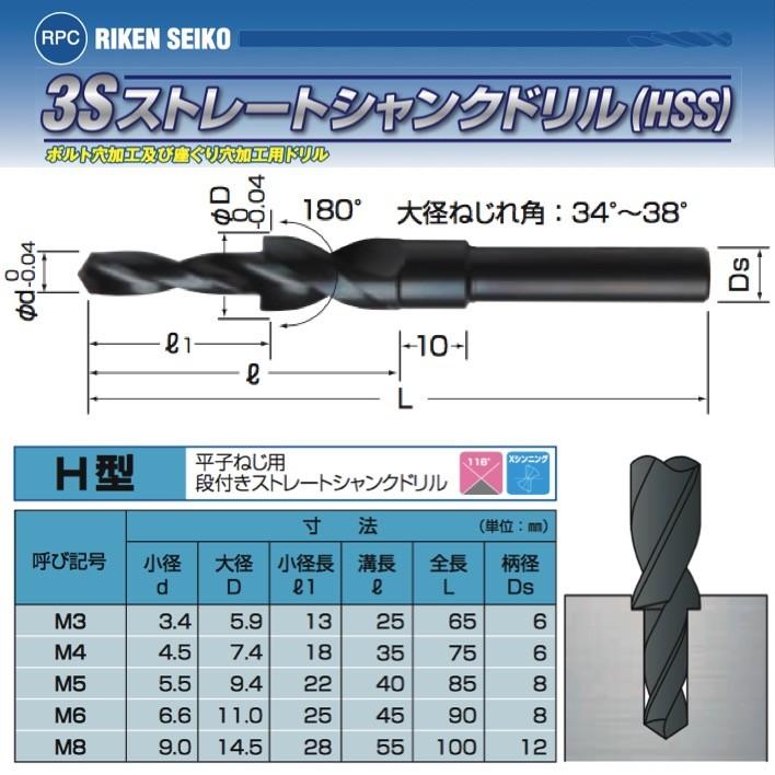 【定形外可】 理研製鋼 H型 M6 平小ねじ用 座ぐりドリル 3Sストレートシャンクドリル :KH-RIKEN-SEIKO-3S-H-M6