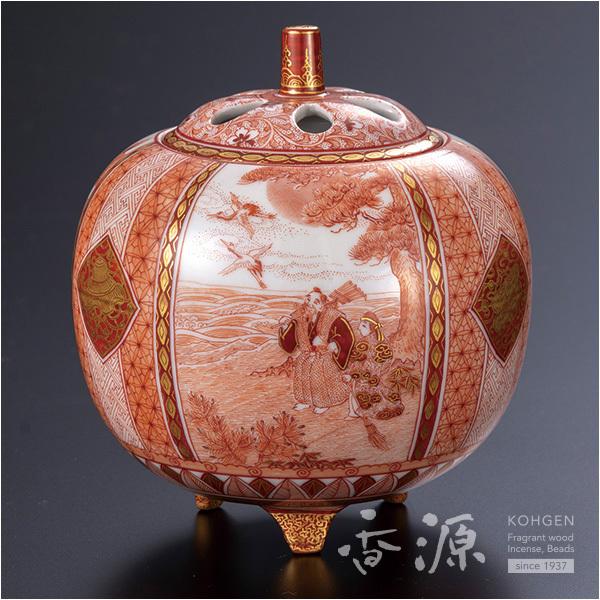 九谷焼 3.8号香炉 赤絵細描割取高砂文 福島武山 限定品 香源 お香 線香