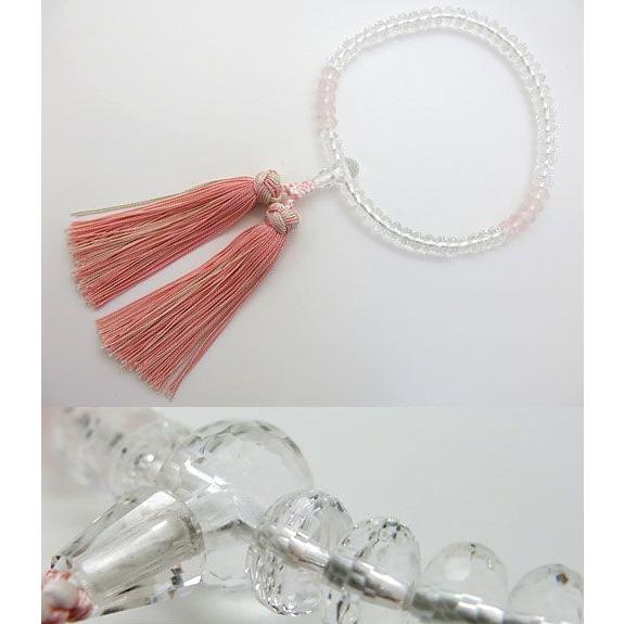 女性用のお数珠 水晶 ミカン玉 切子 紅石英2トーン仕立て