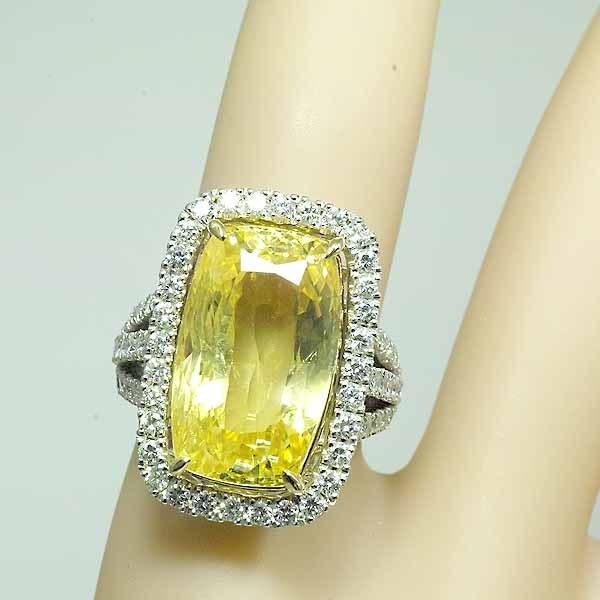 非加熱スリランカ産 イエローサファイア 21.449ct ダイヤモンド 1.505ct プラチナ PT900 18金 K18 12号弱 GIAの画像