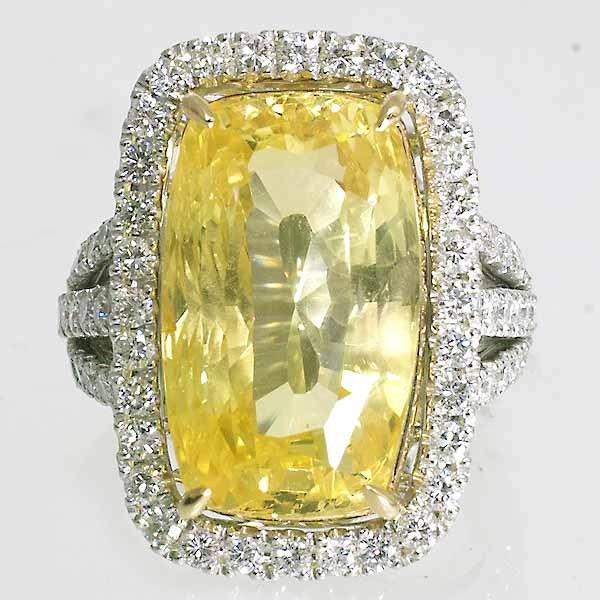 非加熱スリランカ産 イエローサファイア 21.449ct ダイヤモンド 1.505ct プラチナ PT900 18金 K18 12号弱 GIAの画像