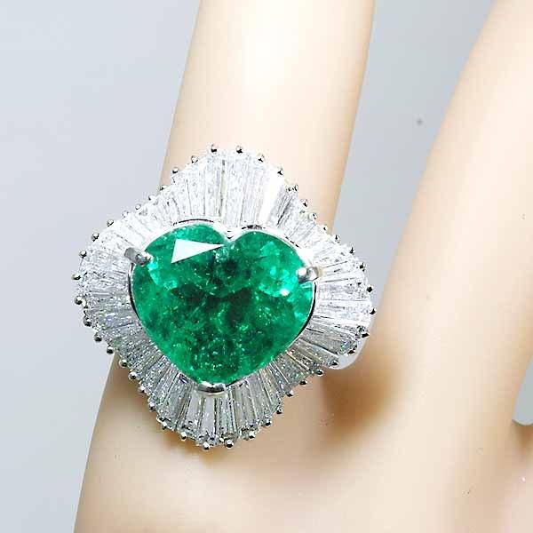 ハートシェイプ コロンビア産 エメラルド 9.39ct F2 ダイヤモンド 3.70ct プラチナ Pt900 リング 12号 GIAの画像