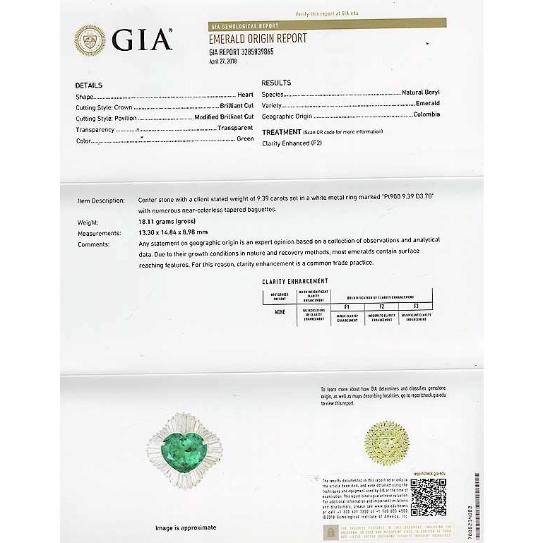 ハートシェイプ コロンビア産 エメラルド 9.39ct F2 ダイヤモンド 3.70ct プラチナ Pt900 リング 12号 GIAの画像