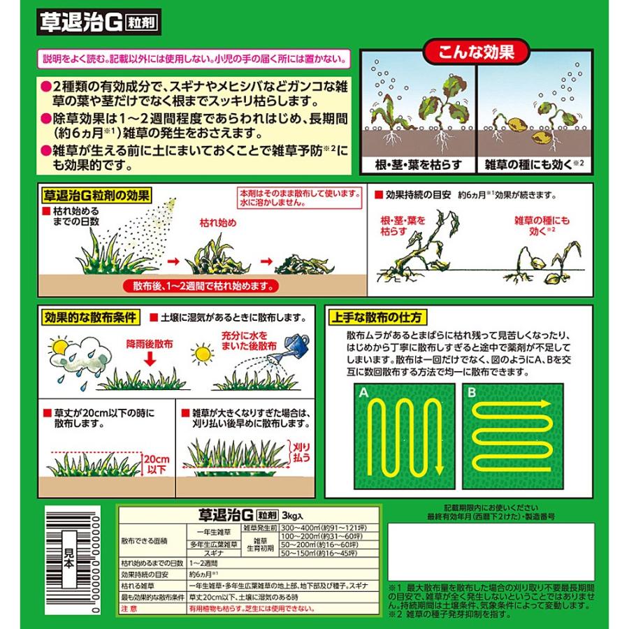 ◇住友化学園芸 草退治Ｇ粒剤 ３ｋｇ 300〜400m2用 （約91〜121坪） 効果持続約6ヶ月 スギナにも効く （家庭用）  :4548927040762:コーナンeショップ Yahoo!ショッピング店 - 通販 - Yahoo!ショッピング