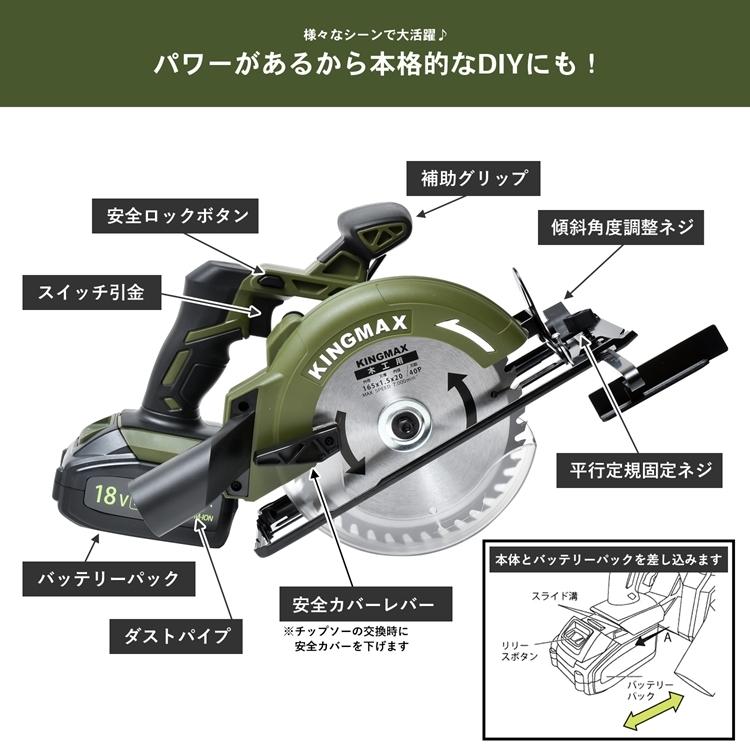丸ノコ 充電式 18V 165mm 3.0Ah 大容量バッテリー 充電器付 最大切込