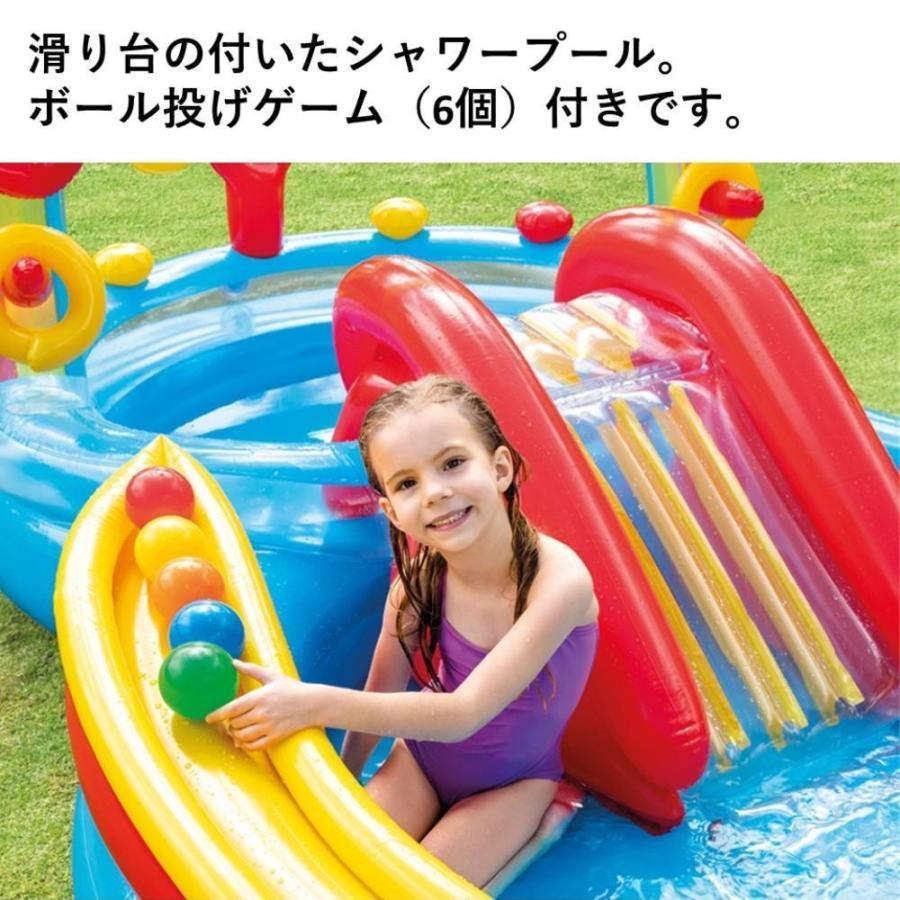 【ポイント3倍 6/13-6/15】プール INTEX インテックス ビニールプール 大型 滑り台 噴水 家庭用 レインボーリングプレーセンター 楕円形 マルチカラーの画像