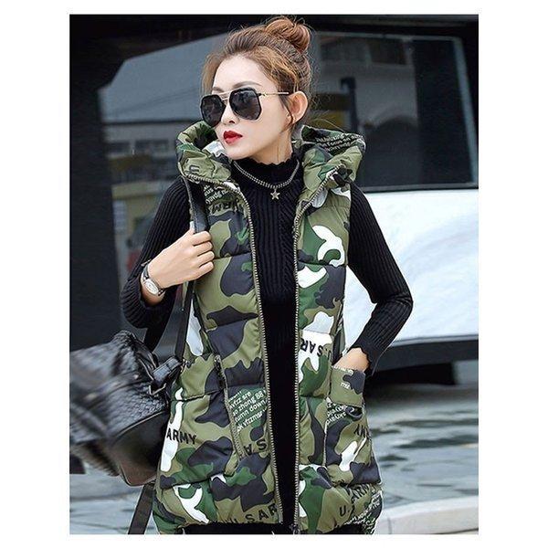 超熱 中綿入りコートダウンベストミドル丈無地カラバリプリント迷彩カジュアルレディース韓国風オシャレ袖なししっかりと厚手 ダウンベスト サイズ L qhema Com