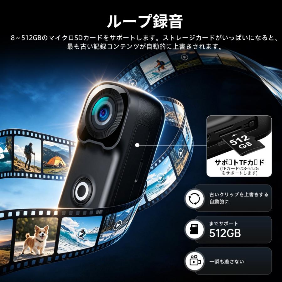 アクションカメラ 広角小型Vlogビデオカメラ ウェアラブルカメラ WiFi
