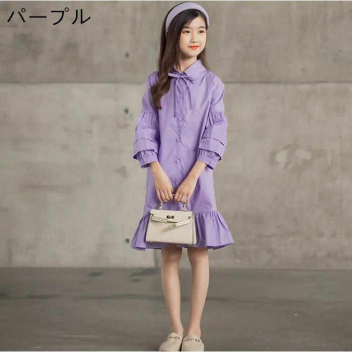 韓国子供服 ワンピース 膝丈 綿 無地 女の子 シャツワンピース 九分袖 ラペル リボン 蝶結び キッズ ガールズ ワンピ 春夏 新作 可愛い 普段着 通学 通園 旅行 正規通販