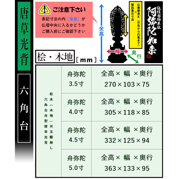 香華堂特撰 仏壇用御仏像 浄土宗用 舟弥陀 桧木製 木地 ※玉眼無し 4.0寸 舟型唐草光背 六角台 全高305×幅118×奥行85mm 阿弥陀如来 阿弥陀立像_2