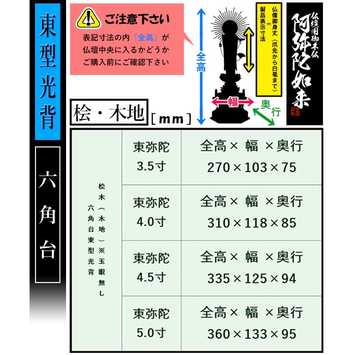 香華堂特撰 仏壇用御仏像 浄土真宗 東 用 東弥陀 桧木製 木地 ※玉眼無し 4.5寸 東型光背 六角台 全高335×幅125×奥行94mm 真宗大谷派 阿弥陀如来 阿弥陀立像の画像