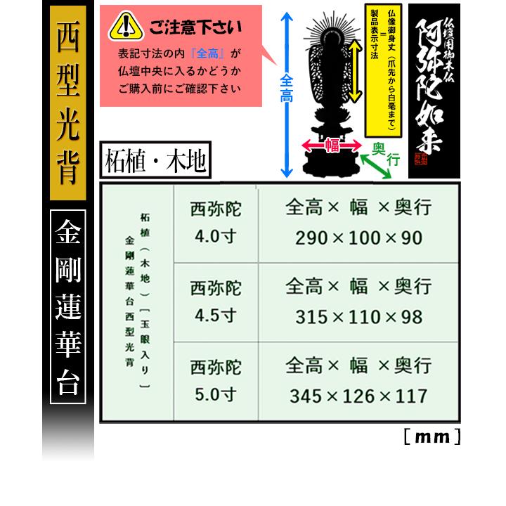 香華堂特撰 仏壇用御仏像 浄土真宗 西 用 西弥陀 柘植製 木地 玉眼入り 4.5寸 西型光背 金剛蓮華台 全高315×幅110×奥行98mm 浄土真宗本願寺派_2