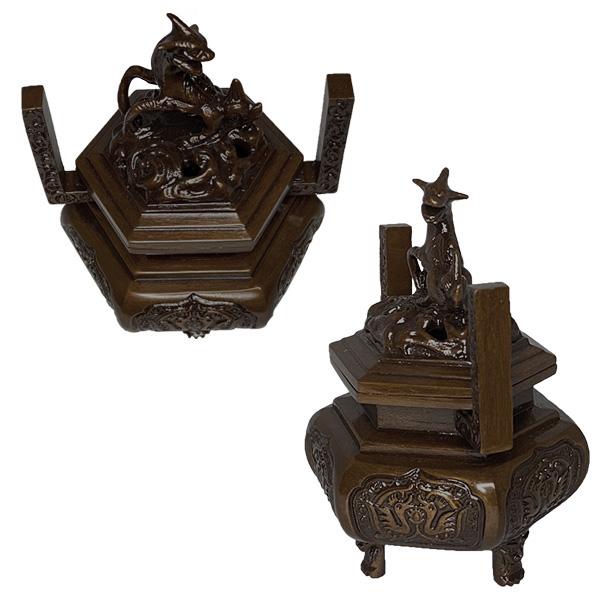 1904 春甫造 古銅 仏具 木瓜菖蒲型五具足 火立2客 花立2客 香炉1客