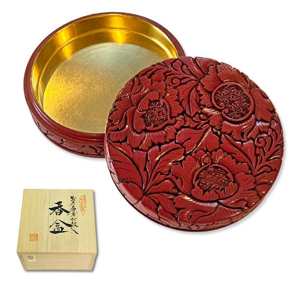 香合 牡丹唐草 並彫 4.0寸 (蛤型/切立型) 村上堆朱 純金箔押 桐箱入