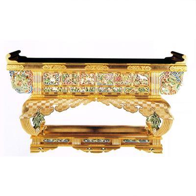 寺院用 前卓 西用 六鳥型 本金箔押 裏黒 框箱金具打 彫極彩色 天巾5尺 