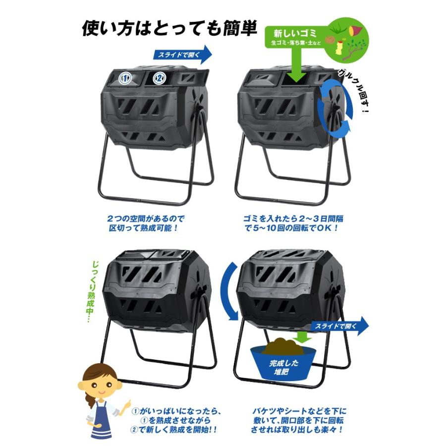 コンポスター 生ごみ処理機 コンポスト 堆肥化 肥料 手作り 回転式 タンブラー ツイン 大容量 160L 80L×2 ロータリーコンポスター ダブル｜kokkaen｜04