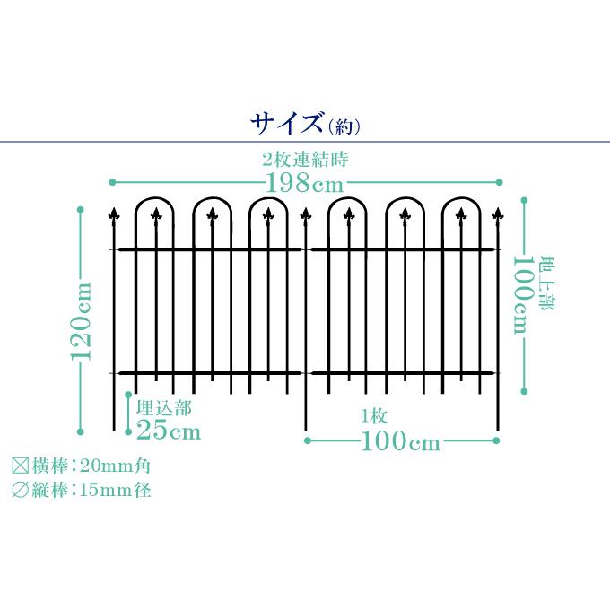 クリアランス ガーデン フェンス (2枚組) 鉄製 連結自在 フェンス 幅198・高さ120cm 送料無料 アイアン 柵 仕切り 庭 公園 花壇 組立式 国華園｜kokkaen｜07