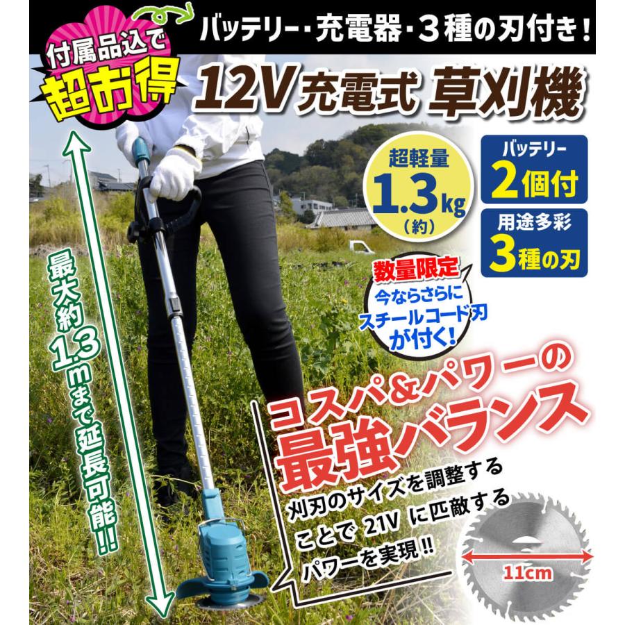 国華園 草刈り機 充電式 電動 バッテリー2個/4種の替刃付き 12V充電式