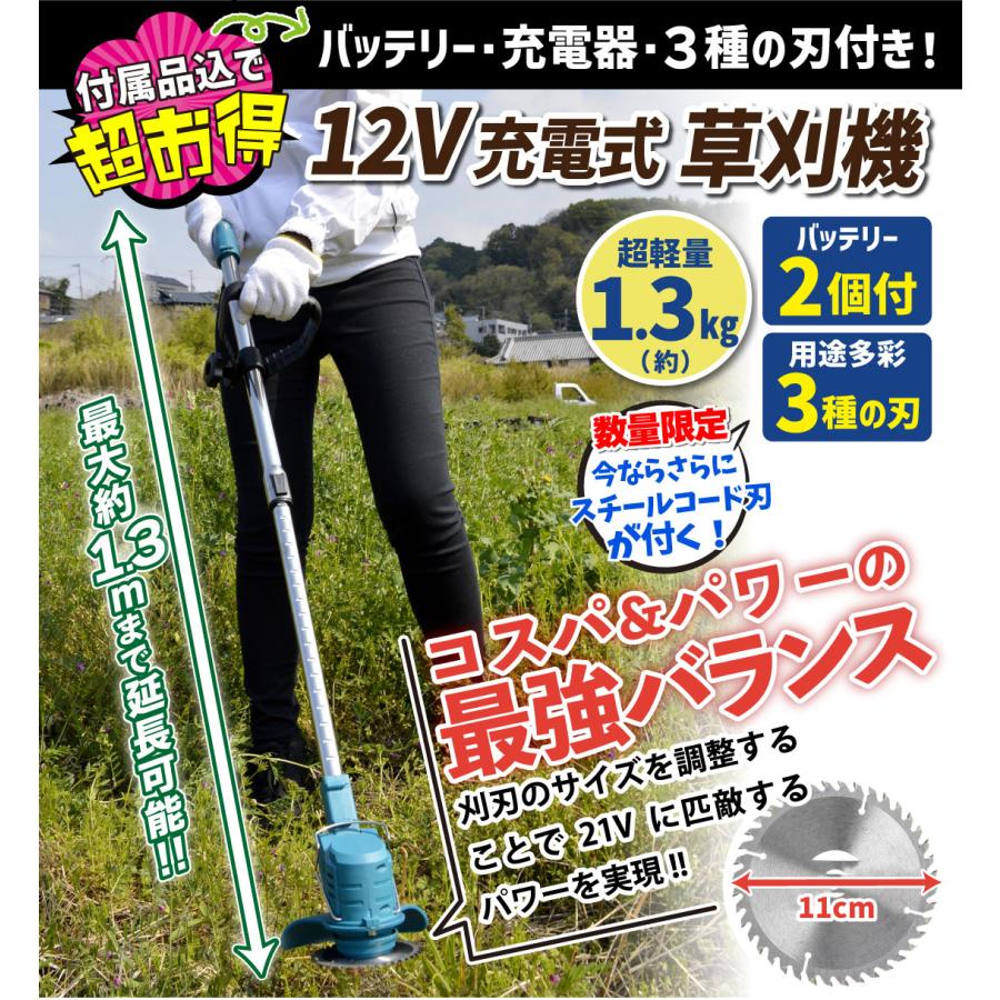 草刈り機 充電式 電動 バッテリー1個/4種の替刃付き 12V充電式お手軽