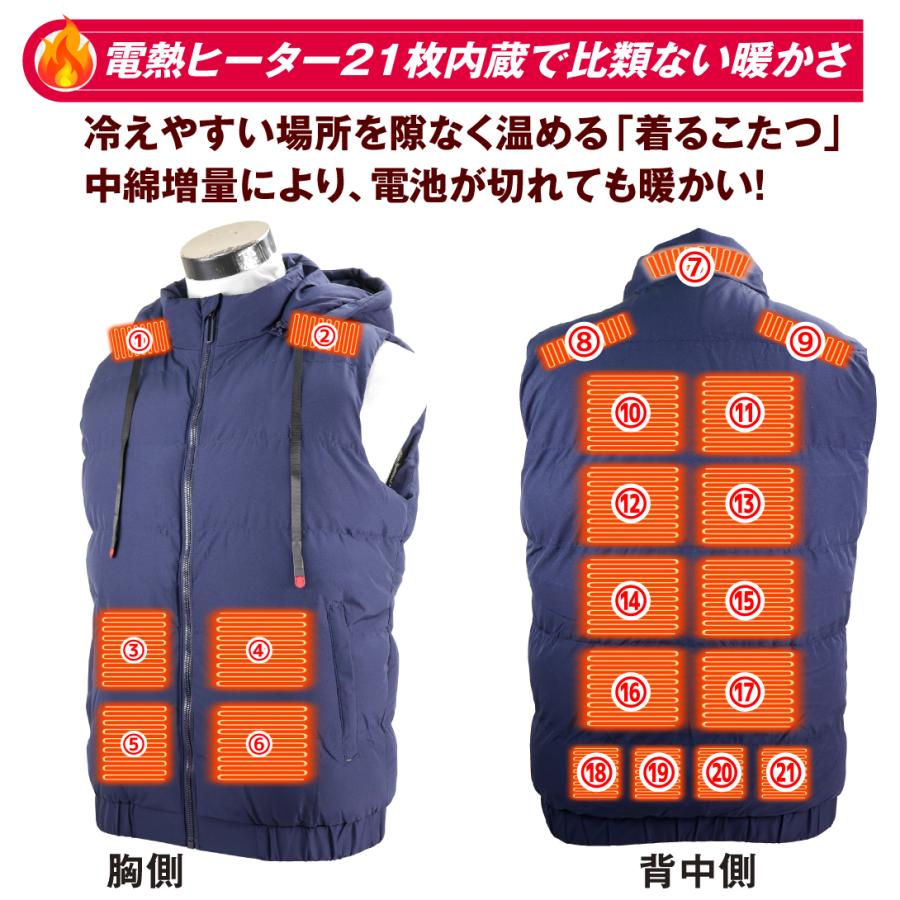 女性らしいデザイン 電熱ベストM ◆大容量バッテリー付き‼︎ 最大P10倍】 電熱ベスト 裏起毛 9枚ヒーター内蔵 30000mAhバッテリー