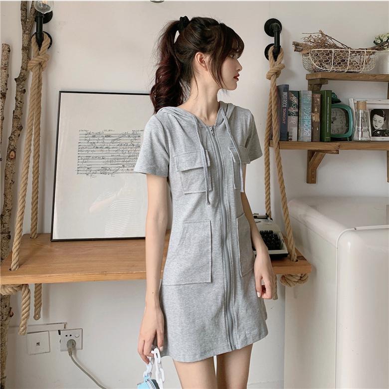 レディース ワンピース 半袖 チュニック ミニ丈 無地 パーカー フード