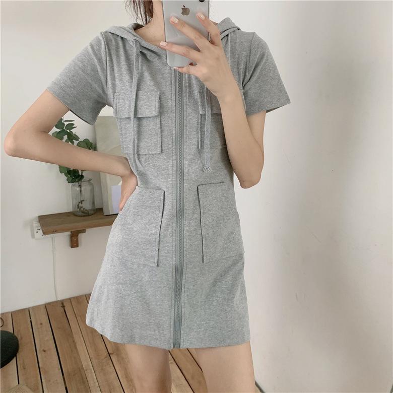 レディース ワンピース 半袖 チュニック ミニ丈 無地 パーカー フード