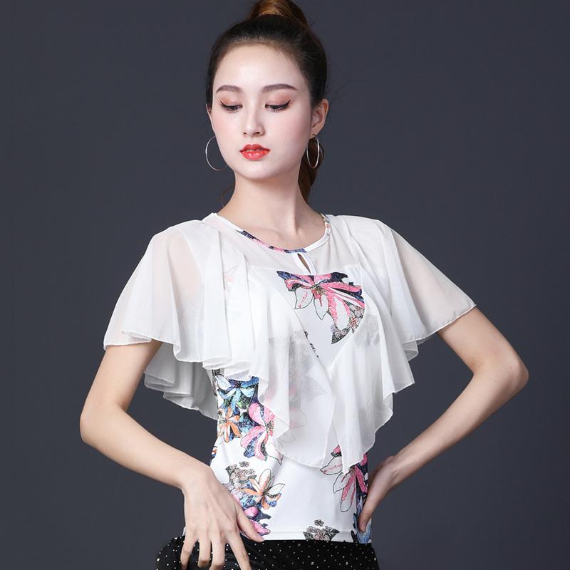 Tシャツ レディース ラテンダンス ウェア 花柄 フリル 踊り 社交ダンス 部活 学園祭 モダンダンス 発表会 練習着 舞台衣装 ライブ