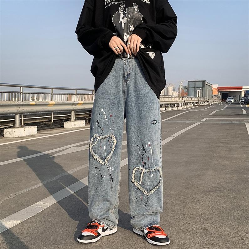 ジーンズ メンズ ジーパン デニムパンツ ロングパンツ カジュアルズボン ハート 落書 ストレート 青少年 Gパン ヒップホップ 春秋 男子ボトムス | 
