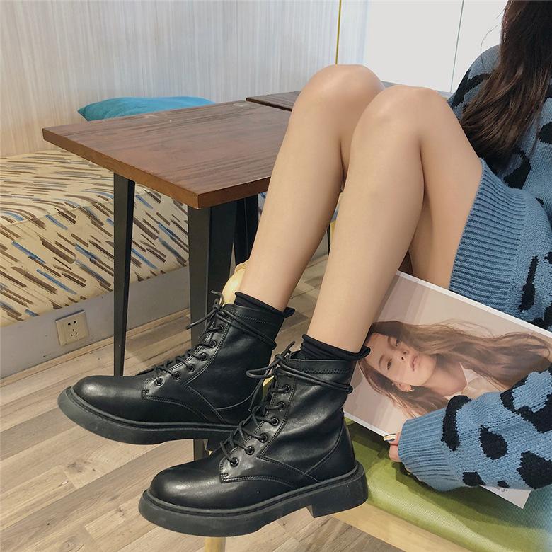 レディース ショートブーツ ブーティー 黒 編み上げ 革靴 太めヒール ワークブーツ カジュアルシューズ 女子靴 77 Off