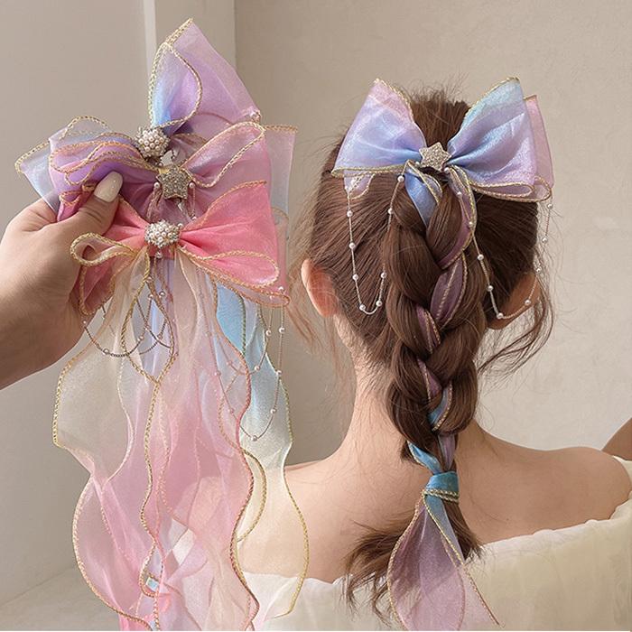 リボン ヘアアクセサリー チェーン パール ラインストーン 韓国